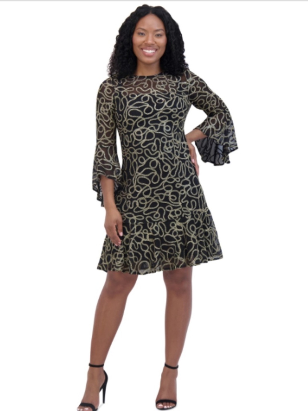 Jessica Howard Petite Bell-Sleeve Sequined a-Line Dress - Black Gold